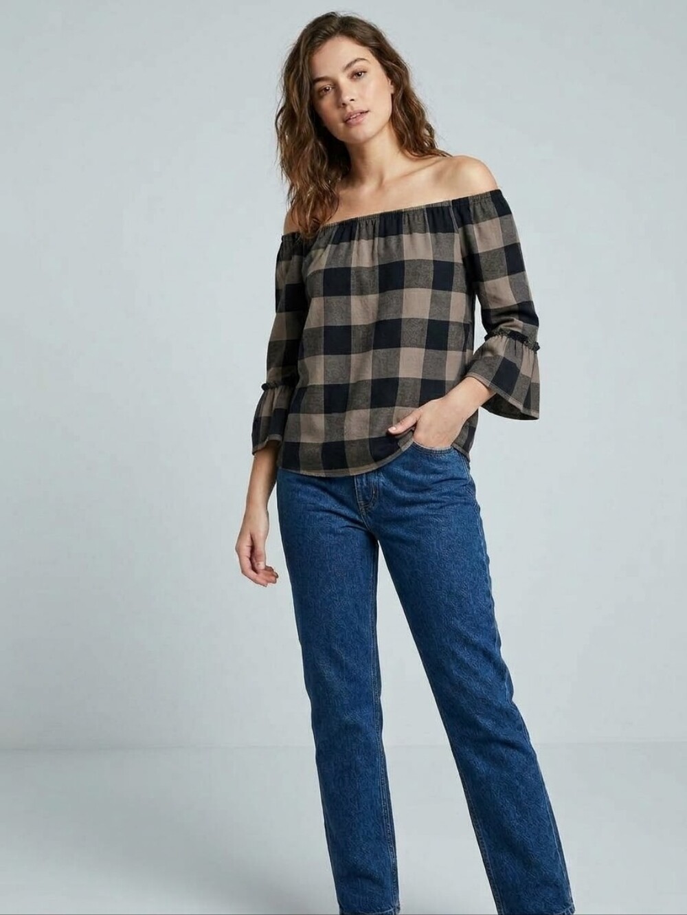 Tribal Jeans Off Shoulder Bell Sleeve Buffalo Plaid Top Petite Small P/S